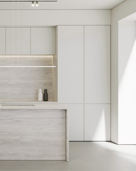 Minimalist Spaces With A Strong Presence Minimal Contemporary Kitchen, Minimalist White Interior, Light Island Kitchen, White Minimalist Home, White Minimal Interior Design, White Kitchen Wall, Minimalistic Kitchen Ideas, Minimalist Floor Tiles, Kitchen White Minimalist