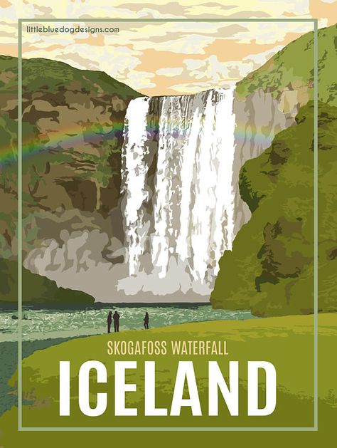 Iceland  Vintage Travel Poster Iceland Postcard, Travel Posters Vintage, Waterfall Iceland, Vintage Posters Travel, Skogafoss Waterfall, 16x20 Poster, 11x17 Poster, Travel Vintage, Travel Postcard