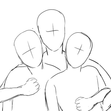 Art Bases Trio, Three Friends Drawing Base, Trio Body Base Drawing, Trio Hugging Reference, 3 People Template, Trio Sketch Poses, Three People Hugging Drawing Reference, Art Collab 3 People, Three Person Hug Reference