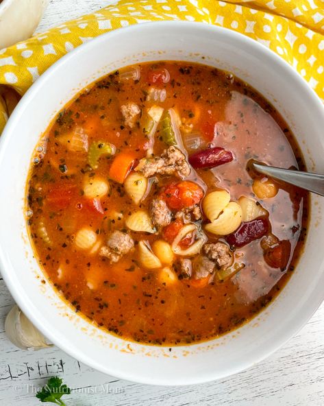 HIGH PROTEIN MINESTRONE SOUP - Nutritionist Mom Healthy High Protein Fall Meals, Macro Friendly Fall Soup, High Protein Soups And Stews, 21 Day Fix Soups, Ground Turkey Minestrone Soup, High Protein Minestrone Soup, Crockpot Minestrone Soup With Meat, Protein Veggie Soup, Minestrone With Ground Beef