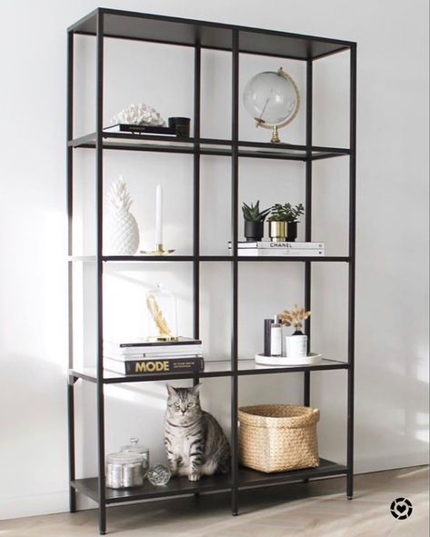 Ikea Shelf Unit Decor, Ikea Vittsjo Shelves Styling, Decorating Bookshelves Living Room, Ikea Vittsjo Hack, Bookshelf Decorating Ideas, Ikea Vittsjo, Rustic Outdoor Furniture, Black Living Room Decor, Modern Apartment Decor