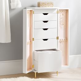 Rachel Zoe Jewelry Vanity Floor Tower Jewelry Vanity, Gold Drawer Pulls, Necklace Hanger, Storage Decor, Teen Bedrooms, Bedroom Organization, Hanger Organizer, Open Cabinets, Jewelry Display Stands