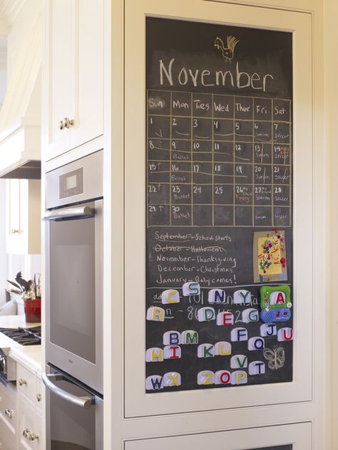 Chalk board bulletin in the kitchen to keep the family organized and informed! Magnetic Chalkboard Paint, Home Command Center, Chalkboard Calendar, Kitchen Chalkboard, Magnetic Chalkboard, Beautiful Office, Diy Chalkboard, Chalkboard Wall, Wine Corks