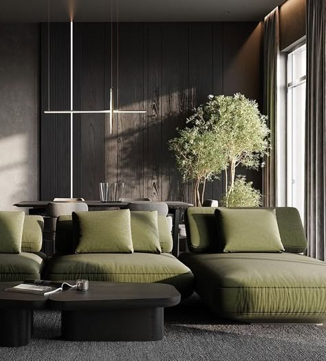 Accented Achromatic Interior Design Green, Comfortable Sofas Living Room Modern, Green Velvet Decor, Black And Green Interior, Dark Modern Interior, Floor Pillows Living Room, Living Room Blanket, Throw Pillows Living Room, Dark Interiors