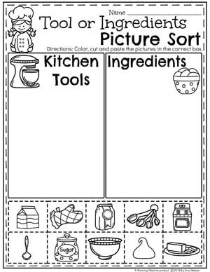 Preschool Sorting Worksheets - Baking Theme Preschool Cookbook Template, Chef Theme Preschool, Chef Lesson Plans Preschool, Chef Worksheets Preschool, Preschool Bread Activities, Baking Worksheet, Cooking Theme Preschool, Chef Activities For Preschool, Cooking Lesson Plans