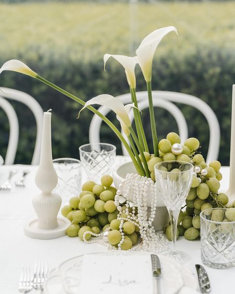 The wedding of yours truly aka lovestoned • Just reliving the most perfect day - and just one of the many unique floral centrepieces of… | Instagram Grape Theme Party, Grapes Centerpiece, Bridal Shower Tablescape, Floral Centrepieces, Purple And Green Wedding, Grape Decor, Green Centerpieces, Fruit Wedding, Wedding Expo