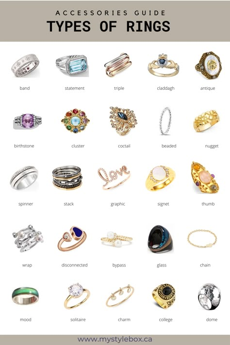 Necklace Types Style, Type Of Rings Style, Different Types Of Accessories, Different Types Of Rings Style, Types Of Jewelry Style, Ring Wearing Guide, Types Of Rings Style, Jewelry Vocabulary, Ring Styles Guide