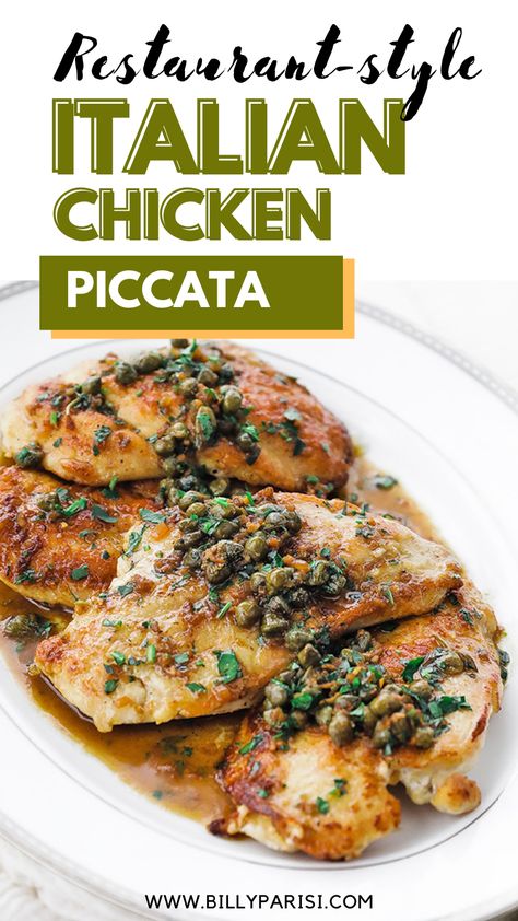 This restaurant-style Italian chicken piccata is made with pan-roasted chicken that is topped with a delicious white wine and caper butter sauce. This is a classic Italian dish that it as a favorite in Italian restaurants. It’s a simple yet elegant recipe you can easily make at home. Chicken Piccata Sauce Recipe, Best Chicken Piccata Recipe, Chicken Piccata Sides, Veal Piccata Recipe Giada, Make Ahead Chicken Piccata, Best Chicken Cutlet Recipe, White Wine Chicken Recipes, Baked Chicken Piccata Recipe, Easy Italian Chicken Recipes