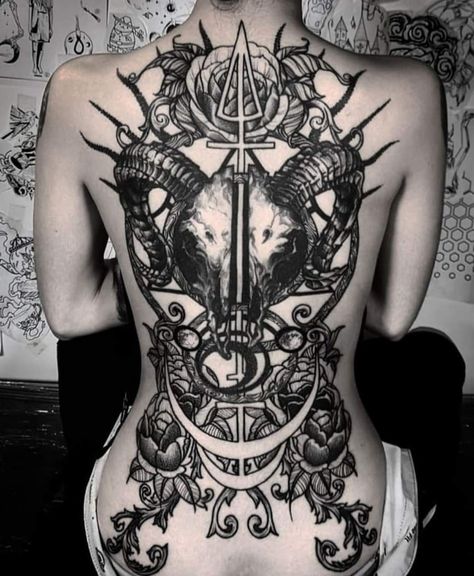 Wiccan Back Tattoo, Back Tattoo Women Blackwork, Lilith Back Tattoo, Gothic Back Tattoo For Men, Goth Back Tattoo Women, Satanic Back Tattoo, Gothic Back Piece Tattoo, Dark Back Tattoos Women, Demon Back Tattoo