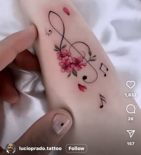 Flower With Music Notes Tattoo, Sakura Moon Tattoo, Feminine Music Tattoos, Trouble Clef Tattoo, Spine Tattoos For Women Music, Musical Note Tattoos For Women, Music Inspired Tattoos For Women, Musical Tattoos For Women, Music Flower Tattoo