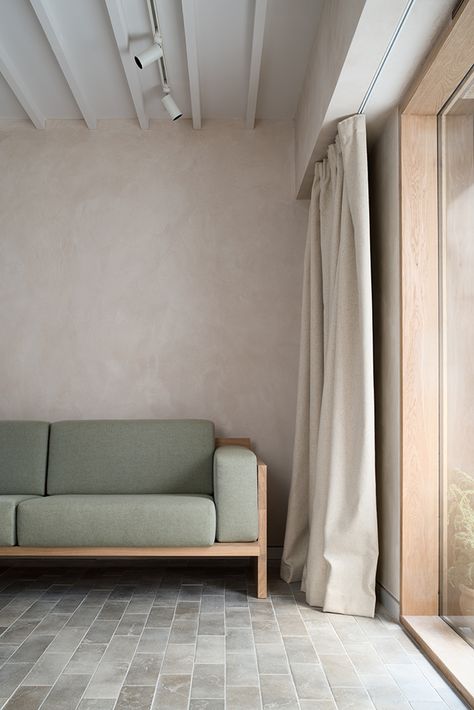 Porteous 'Studio de Izat Arundell Canvas Curtains, Bedroom Photography, Clay Plaster, Timber Windows, Material Palette, Plaster Walls, Bespoke Furniture, House Inspiration, Interior Details