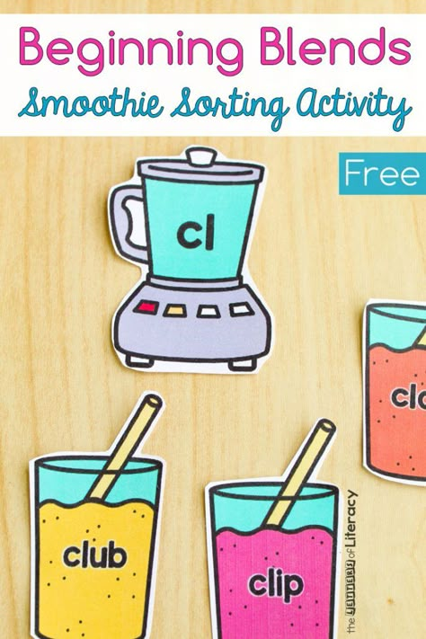 FREE Printable Beginning Blends Smoothie Sorting Activity - Kindergarten S Blend Activities, Blending Activity For Kindergarten, Blend Words Activities, Literacy Centers Kindergarten Free, Blending Games For Kindergarten, S Blends Activities Free, Ccvc Words Activities Free, Blend Letters, L Blends Activities