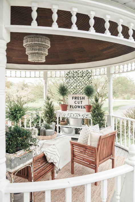 Front Porch Gazebo Makeover | Gazebo Makeover, French Industrial Decor, Round Gazebo, Small Gazebo, The Found Cottage, Porch Gazebo, Gazebo Decorations, Diy Gazebo, Gazebo Plans