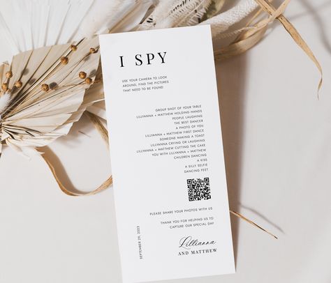 I Spy with QR Code, Guest Photo Sharing, Wedding Game Card, Wedding Photo Share QR, Bold and Beautiful I spy Photo Share, SN088_PSQ by StudioNellcoteDIY on Etsy Wedding Photo Sharing, Hunting Wedding, Wedding Game, Photo Sharing App, Card Files, Wedding Games, Card Wedding, Game Card, I Spy