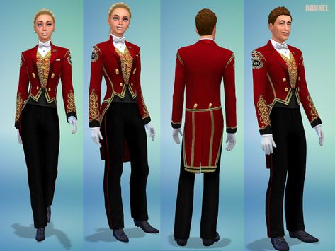 The royal attire for the palace staff serving the monarch's castles or palaces. Regal fancy uniform for the humble servants.  Found in TSR Category 'Sims 4 Male Everyday' Sims Royal, Sims Car, Los Sims 4 Mods, Die Sims 4, Royal Clothes, Sims 4 Mm Cc, Sims 4 Game Mods, Sims Ideas, Royal Clothing