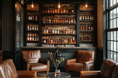 Mancave Sunroom, Library Bar Design, Bourbon Basement, Whiskey Lounge Home, Home Bar Seating, Whisky Lounge, Whisky Room, Boys Den, Golf Lounge