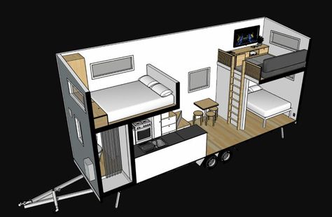 Tiny House Reverse Layout Under $70K | Apartment Therapy Mobile House Plans, 3 Bedroom Tiny House Plans, Mini House Layout, Spa Plan, Tiny House Trailer Plans, Tiny House Bedroom, Tiny House Exterior, Crooked House, Creative Layout