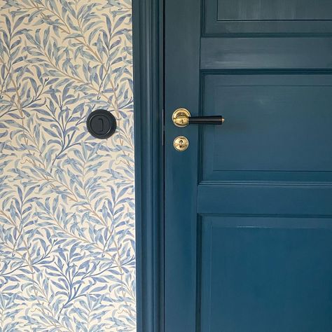 William Morris Office, Blue Hallway Wallpaper, William Morris Inspired, Blue Wallpaper Hallway, Hague Blue Hallway, William Morris Home, William Morris Hallway, Hague Blue Wallpaper, Hague Blue Farrow And Ball