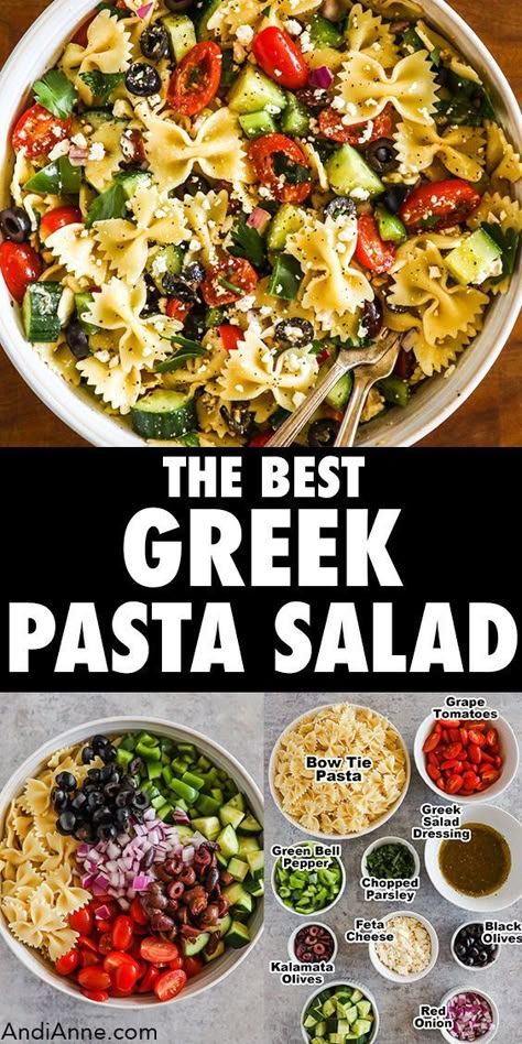 This easy greek pasta salad recipe has so much delicious flavor. It's served cold and can be a side dish or lunch idea. Great for meal prep, picnics, barbecues, church potlucks or summer meals. Easy Pasta Salads For Parties, Cold Served Meals, Greek Potluck Dishes, Easy Greek Lunch Recipes, Vinegar Based Pasta Salad, Cold Pasta Salad Meal Prep, Green Pasta Salad, Pasta Lunches, Greek Barbecue