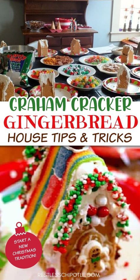 Every year we make Graham Cracker Gingerbread house with all the kids (and adults!). Here are all my tips & tricks for your new Christmas tradition! These cute houses are so easy to put together once you learn how to do it. Gingerbread House Graham Crackers Ideas, Gingerbread Houses Graham Crackers, Gingerbread House From Graham Crackers, Graham Cracker Gingerbread Houses For Kids, Gingerbread House Ideas With Graham Crackers, Gingerbread House Diy Graham Crackers, Diy Gingerbread House With Graham Crackers, Ginger Bread House Out Of Graham Crackers, How To Make A Gingerbread House With Graham Crackers