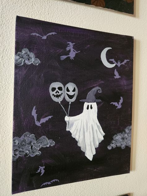 Family Halloween Painting Ideas, Bat Acrylic Painting, Painted Pumpkins Ghosts, Witch Painting Ideas Easy, Paranormal Paintings, Simple Spooky Painting, Small Halloween Paintings, Halloween Paint Night Ideas, Painting Ideas On Canvas Ghost