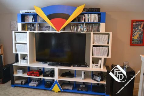 Game Entertainment Center, Book Themed Room, Diy Nintendo, Gaming Entertainment Center, Home Decor For Men, Gaming Room Ideas, Diy Entertainment, Leather Sofa Living, Video Game Room Design