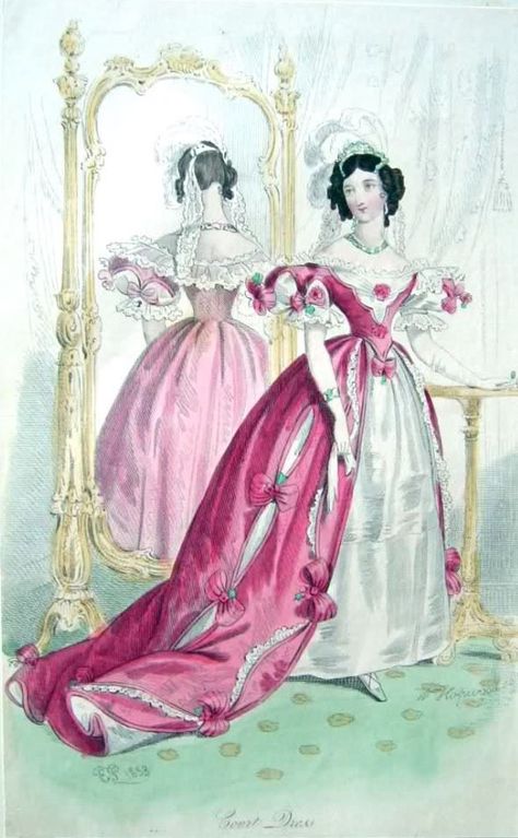 1833 english court dresses in deep rose Western Womens Fashion, 1830s Fashion, 1800s Fashion, Court Dresses, Regency Fashion, 19th Century Fashion, Fashion Forecasting, History Fashion, Old Fashion