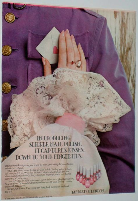 1968 Yardley of London Slicker Nail Polish magazine ad. Seventeen Magazine Fashion, Vintage Makeup Ads, Makeup Ads, London Nails, Retro Makeup, Vintage Nails, Vintage Cosmetics, Pretty Hands, Retro Ads