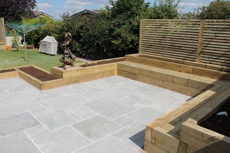 Sleeper seating and Sleeper beds #sheffield Corner Garden Seating, Sleeper Beds, Sleepers In Garden, Garden Seating Area, Back Garden Design, Corner Garden, Garden Makeover, Have Inspiration, Contemporary Garden