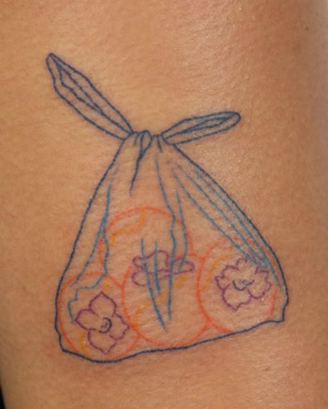 Bag Of Oranges Tattoo, Grocery Tattoo, Colorful Stick And Poke, Marmalade Tattoo, Mangosteen Tattoo, Starfruit Tattoo, Orange Peel Tattoo, Fruit Sticker Tattoo, Passionfruit Tattoo