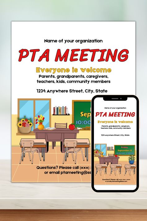 Editable pta meeting flyer, school event flyer, meeting invitation, red and yellow Templates, Mobile Phone Text Party Email SMS Pta Flyer, School Event Flyer, Education Flyer, Meeting Invitation, Pta Meeting, Community School, School Event, Event Flyer, Yard Sale