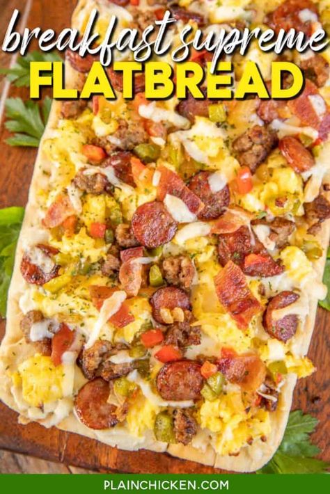 Breakfast Supreme Flatbread - Plain Chicken Flatbread Breakfast Pizza, Flatbread Breakfast, Breakfast Simple, Pork Chops And Rice, Breakfast Pizza Recipe, Breakfast Slider, Ultimate Breakfast, Plain Chicken, Herb Cheese