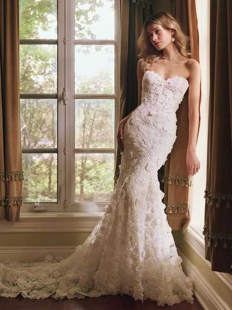 Warner 3-D Floral Lace Fit-and-Flare Bridal Dress | Sottero and Midgley Sheath Bridal Gown, Sottero And Midgley Wedding Dresses, Sottero Midgley, Bridal Alterations, Sottero And Midgley, Boho Princess, Basque Waist, Ivory Gown, Wedding Dress Store