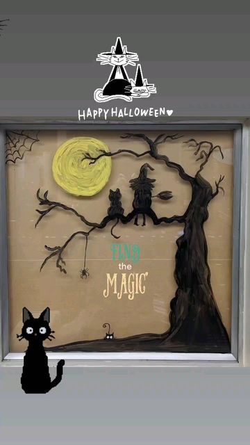 Halloween Window Mural, Halloween Window Chalk Art, Halloween Window Display Store Fronts, Easy Halloween Window Painting Ideas, Halloween Window Painting Ideas, Fall Window Art, Halloween Window Painting, Halloween Window Art, Fall Window Painting