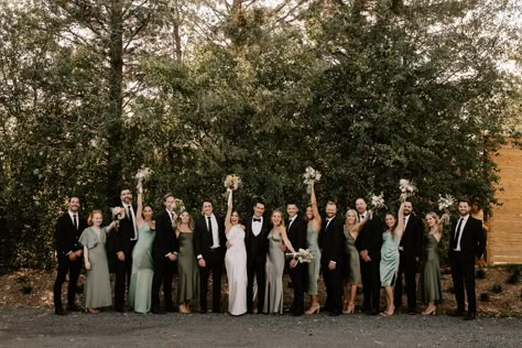 Black Suit Green Dress Wedding, Dark Green Bridesmaid And Groomsmen, Green Bridesmaids With Groomsmen, Emerald Green Bridal Party Color Schemes, Mismatched Green Wedding Party, Moss Green Wedding Party, Different Shades Of Dark Green Bridesmaids, Mixed Green Bridesmaid Dresses With Groomsmen, Forest Green Wedding Party