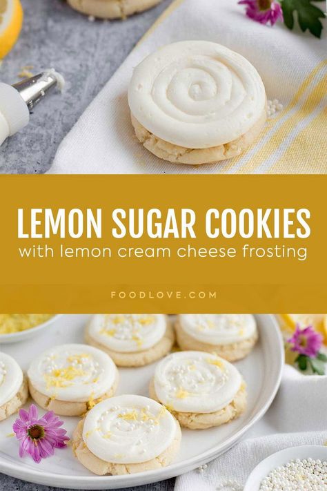 Lemon sugar cookies with lemon cream cheese frosting are crispy on the outside, soft on the inside, with a bright burst of fresh lemon flavor. Lemon Cookies With Cream Cheese Frosting, Frosted Lemon Cookies, Cream Cheese Cookie Frosting, Buckeye Cookies, Powdered Sugar Cookies, Swig Sugar Cookies, Cookies With Lemon, Drop Sugar Cookies, Strawberry Cream Cheese Frosting