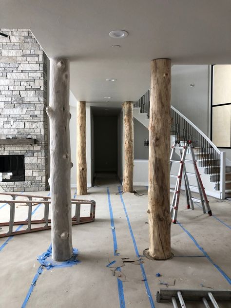 Log Wraps & Post Covers Basement Posts Covers, How To Cover Up Support Beams, Hiding Support Columns And Beams, Interior Post Wrap Ideas, Rustic Columns Interior, 4x4 Post Wrap Ideas, Lally Column Cover Ideas, Basement Column Covers, Pole Apartment