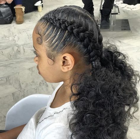 2 Feed In Braids With Ponytail, Hairstyles To Do For School Black, Cute Birthday Hairstyles Natural Hair, Kid Summer Hairstyles, Kids Prom Hairstyles Black, Two Buns Hairstyle With Braids, Two Braids With Hair Out, Hairstyles For Black Middle Schoolers, Black Hairstyles For School Natural Hair