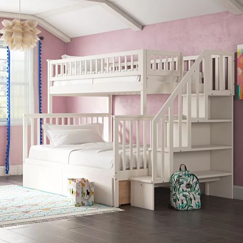 Viv + Rae Shyann Staircase Twin Over Full Bunk Bed with Shelves & Reviews | Wayfair Shelves Bed, Bunk Beds For Girls Room, L Shaped Bunk Beds, Reka Bentuk Bilik Tidur, Bed For Girls Room, Girls Bunk Beds, Bed With Shelves, Solid Wood Bunk Beds, Twin Over Full Bunk Bed