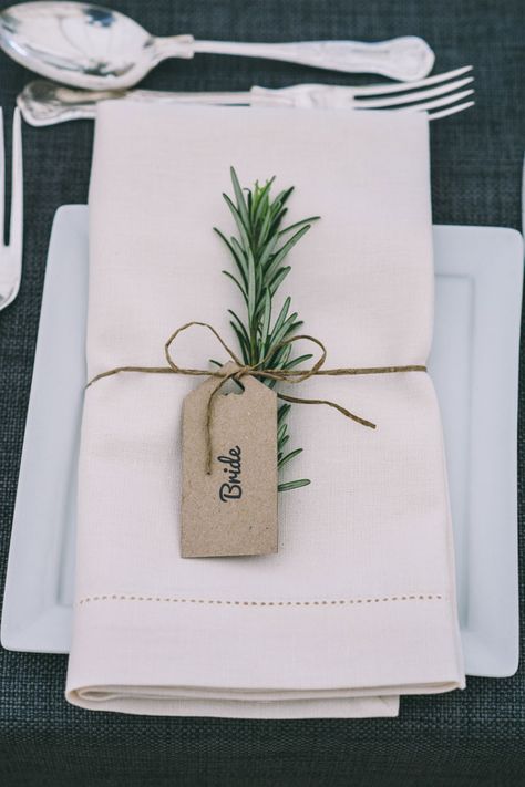 Rosemary accented wedding place name setting attached with DIY tag Wedding Name Tags, Place Card Table Wedding, Rustic Wedding Decorations, Wedding Place Names, Table Place Cards, Wedding Name, Wedding Table Decorations, Wedding Table Settings, Wedding Places