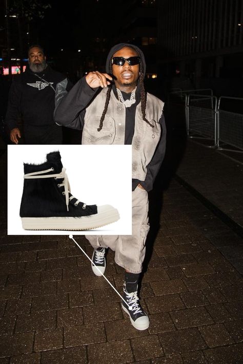 Shop the Jacquees wearing RICK OWENS Black High-Top Sneakers ($1,220.00) to elevate your sneaker game! These versatile everyday kicks are ideal for casual wear and perfect for men's outfits. Explore the endless styling possibilities with RICK OWENS runners. Upgrade your wardrobe today! Keywords: everyday sneakers, casual sneakers, men's sneakers, sneakers outfits, RICK OWENS runners, RICK OWENS runners outfit. Outfits Rick Owens, Runners Outfit, Everyday Sneakers, Celebrity Shoes, Black High Top Sneakers, Men's Outfits, Black High Tops, Sneaker Games, Sneakers Outfit