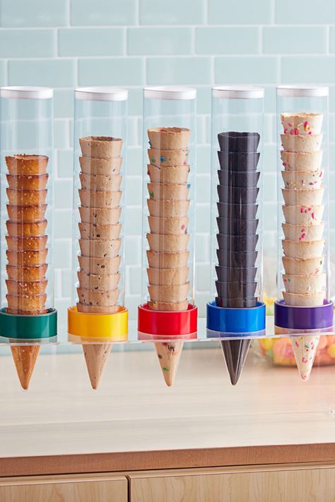 Various ice cream cones in an ice cream cone dispenser. Ice Cream Snow, 1950s Diner, Ice Cream Stand, Pudding Pies, Ice Cream Cart, Snow Cones, Frozen Treat, Ice Cream Truck, Ice Cream Shop