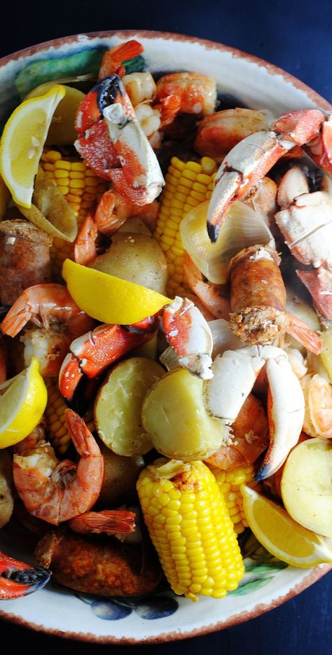 Summer shrimp boil with Jonah crab claws | white plate blank slate Jonah Crab Claws Recipe, Crab Claw Recipes, Summer Shrimp, Steamed Lobster, Steamed Crabs, Creole Cooking, Crab Claw, Crab Boil, Boiled Food