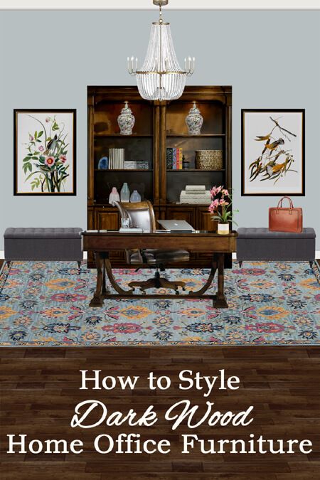 how to style dark wood furniture to make it feel lighter and brighter. how to style a bookcase. how to arrange a dark wood bookcase. Home inspo. Room ideas. Home decor. Room decor. Home. House interior. how to decorate with dark wood furniture. Home Office Cherry Wood, Cherry Office Furniture, Home Office With Dark Wood Furniture, Mahogany Desk Office Decor, Dark Office Furniture, Mahogany Office Decor, Dark Brown Office Desk, Cherry Office Furniture Decor, Dark Brown Desk Office Decor