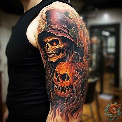 Unleash Your Inner Spookiness: 103 Halloween Tattoo Designs - inktat2.com Halloween Tattoo Designs, Cover Up Tattoos For Men, Halloween Tattoos Sleeve, Lantern Tattoo, Pumpkin Tattoo, Celtic Festival, Dark And Mysterious, Tattoos Sleeve, Creepy Pumpkin