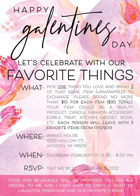 Festive invite for a Favorite Things Party on Galentine's Day Galentines Favorite Things Party Invitation, Galantines Day Invitations, Favorite Things Galentines Party, Simple Galentines Party Ideas Girls Night, Galentines Party Ideas Girls Night Pjs, Galentines Night Out, Galentines Brunch Activities, Galentines Party Invitations Free, Easy Galentines Party