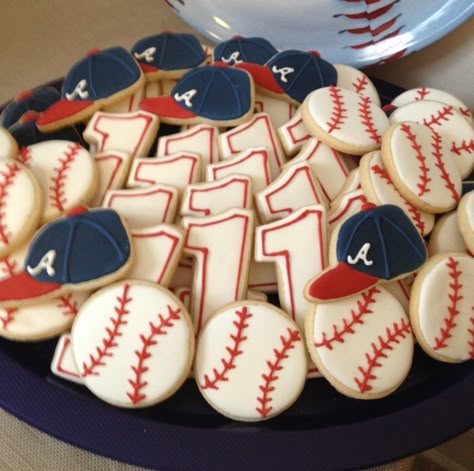 Baseball party ideas. Braves Themed Party, Braves Baseball Birthday Party, Baseball Hat Cookies, Atlanta Braves Birthday Party, Phillies Party, Atlanta Braves Birthday, Baseball Birthday Party Ideas, Baseball Theme Birthday Party, Braves Party