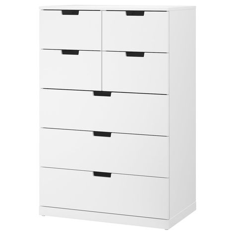 NORDLI 7-drawer dresser, white. You can build NORDLI chest of drawers any way you want – wide, low or in different heights to create the perfect solution for your space. The clean modern look is easy to place. Ikea Bissa, Ikea Nordli, White Bedrooms, Ikea Drawers, Storage Solutions Bedroom, Dresser White, Ikea Alex, 7 Drawer Dresser, Painted Drawers