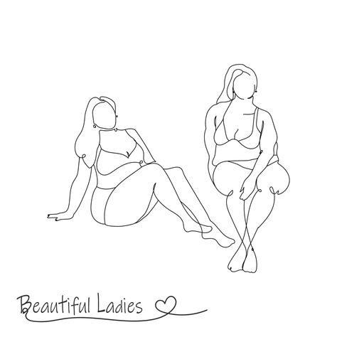 two beautiful young women with curvy plus size bodies, in contour line art modern style.Vector illustration of a bodypositive girl isolated on white background.Love yourself concept Contour Line Art, Background Love, Contour Line, Doodle Drawings, Love Yourself, Art Modern, Body Positivity, Line Art, Vector Art