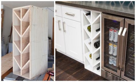 Custom built in herringbone wine rack Build Your Own Wine Cabinet, Camper Wine Rack, Lower Cabinet Wine Rack, Chevron Wine Shelves, Wine Rack In Cabinet Built Ins, Inset Wine Rack, Custom Wine Cabinet Built Ins, Built In Cabinet Wine Rack, Built In Wine Rack Kitchen Island